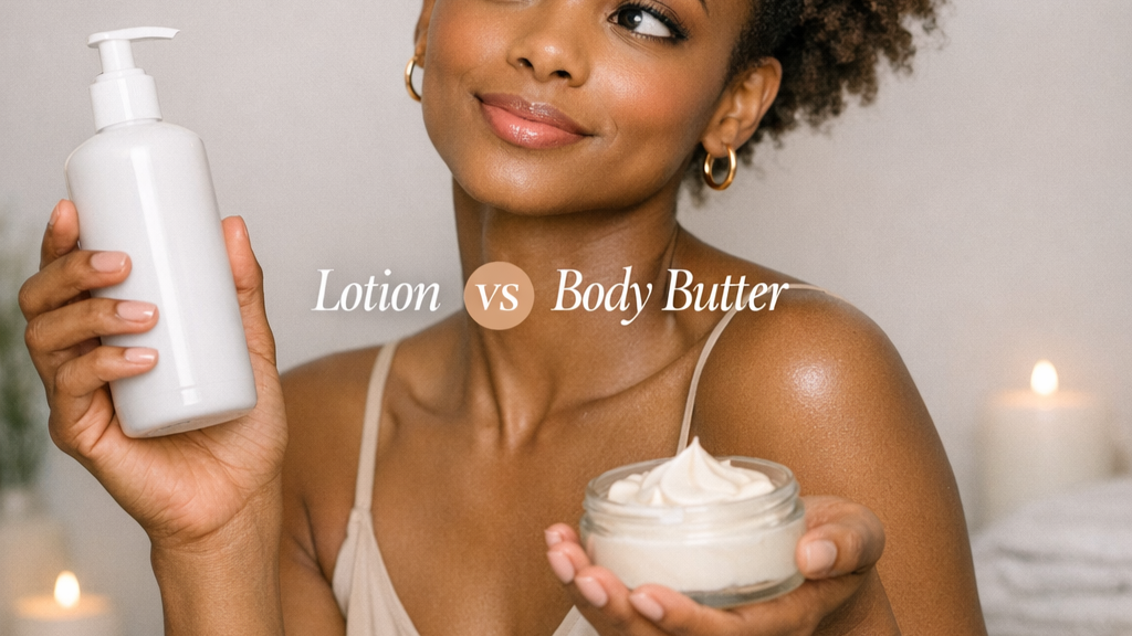 Comparing the consistency of light lotion versus thick Idaras Beauty body butter for treating chronic dry skin. Applying thick whipped body butter to legs for intensely moisturized skin and a silky smooth finish.